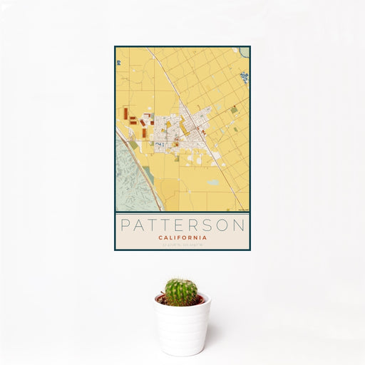 12x18 Patterson California Map Print Portrait Orientation in Woodblock Style With Small Cactus Plant in White Planter