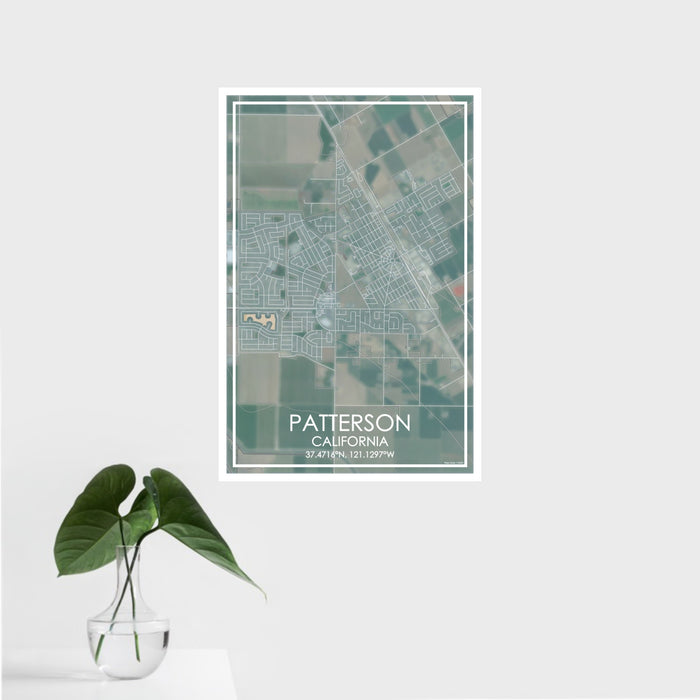 16x24 Patterson California Map Print Portrait Orientation in Afternoon Style With Tropical Plant Leaves in Water
