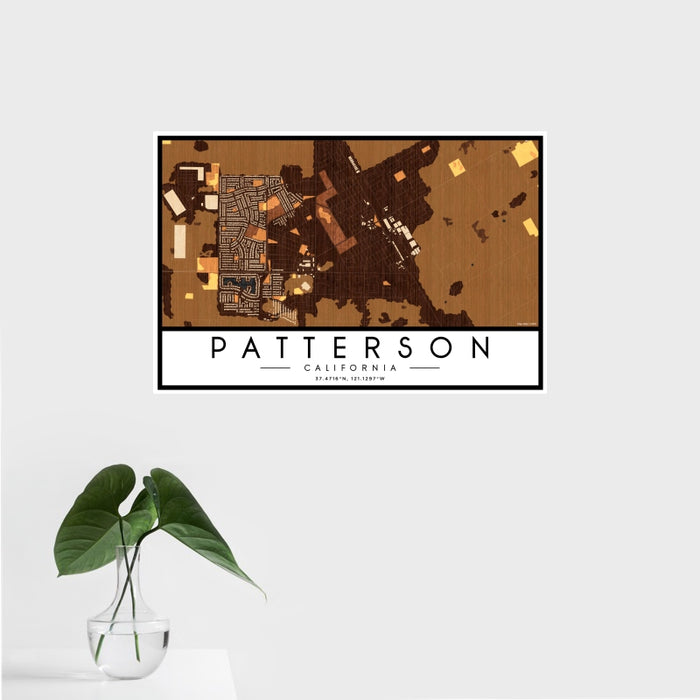 16x24 Patterson California Map Print Landscape Orientation in Ember Style With Tropical Plant Leaves in Water