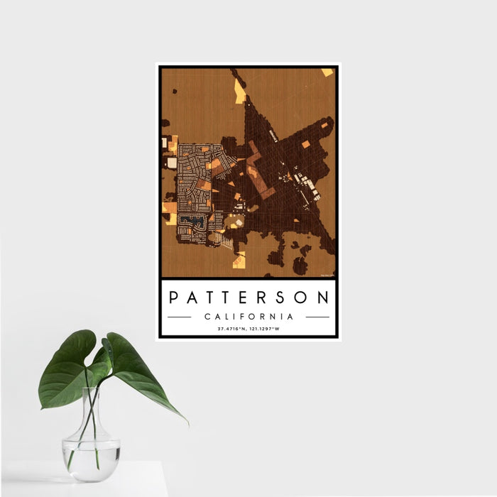 16x24 Patterson California Map Print Portrait Orientation in Ember Style With Tropical Plant Leaves in Water