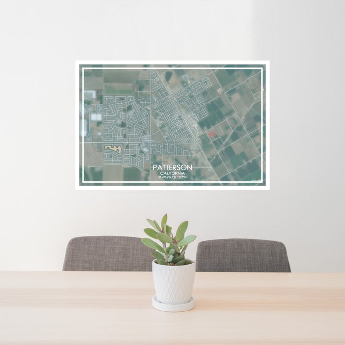 24x36 Patterson California Map Print Lanscape Orientation in Afternoon Style Behind 2 Chairs Table and Potted Plant