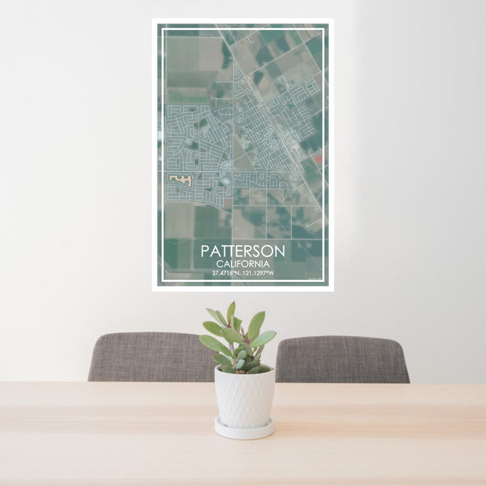 24x36 Patterson California Map Print Portrait Orientation in Afternoon Style Behind 2 Chairs Table and Potted Plant