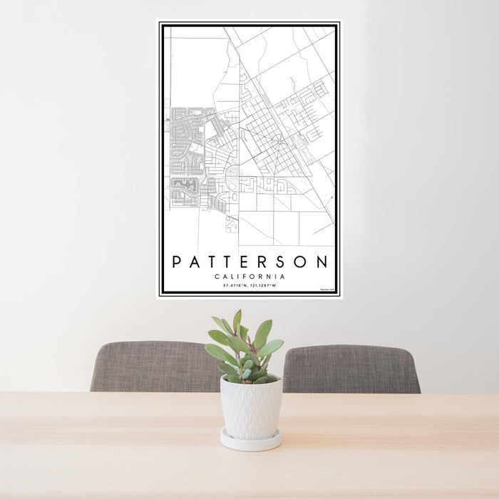 24x36 Patterson California Map Print Portrait Orientation in Classic Style Behind 2 Chairs Table and Potted Plant