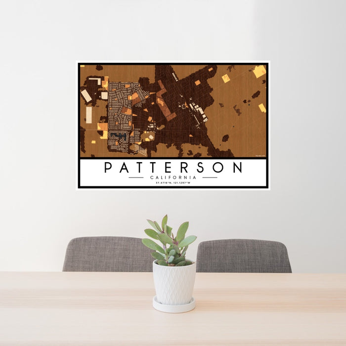 24x36 Patterson California Map Print Lanscape Orientation in Ember Style Behind 2 Chairs Table and Potted Plant