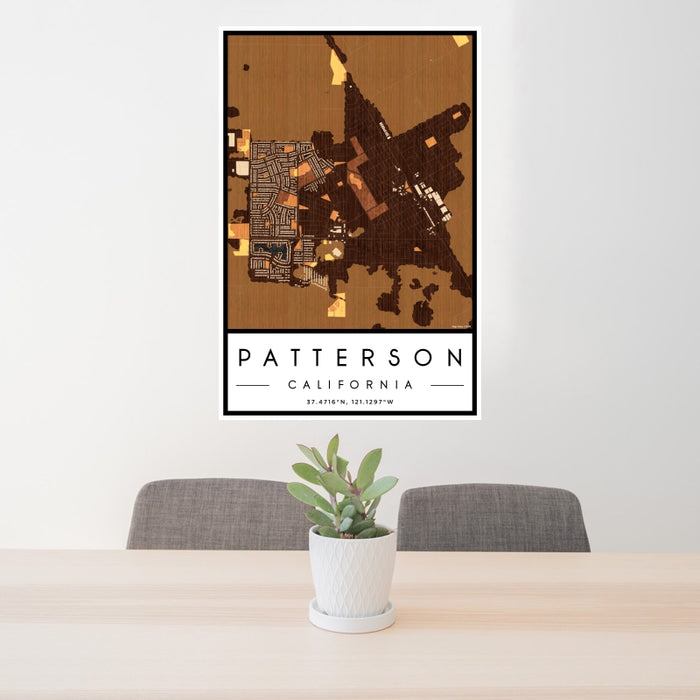 24x36 Patterson California Map Print Portrait Orientation in Ember Style Behind 2 Chairs Table and Potted Plant