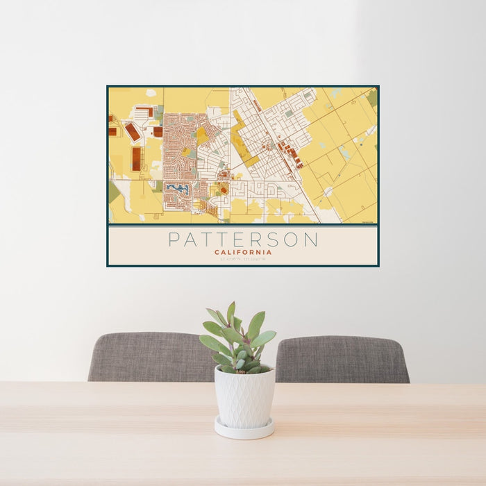 24x36 Patterson California Map Print Lanscape Orientation in Woodblock Style Behind 2 Chairs Table and Potted Plant