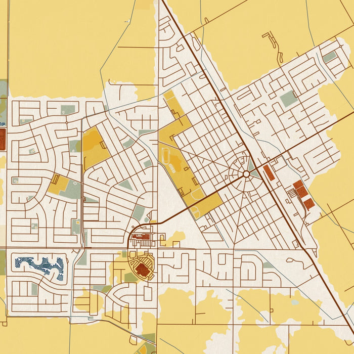 Patterson California Map Print in Woodblock Style Zoomed In Close Up Showing Details