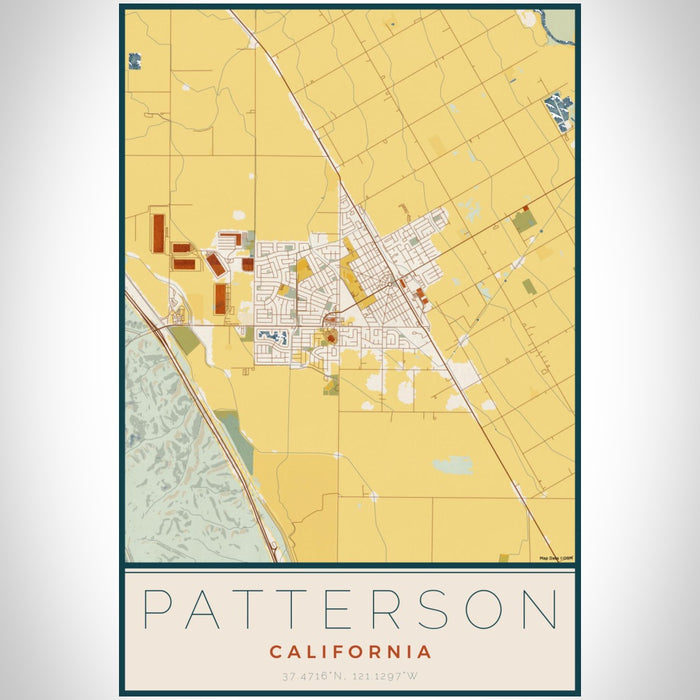 Patterson California Map Print Portrait Orientation in Woodblock Style With Shaded Background