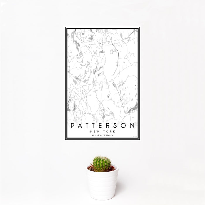 12x18 Patterson New York Map Print Portrait Orientation in Classic Style With Small Cactus Plant in White Planter