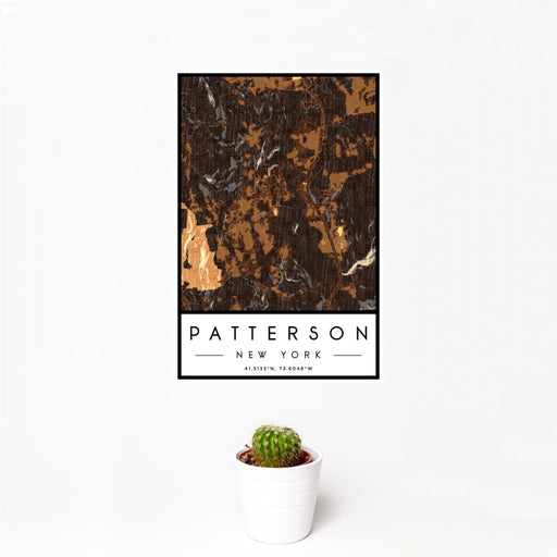 12x18 Patterson New York Map Print Portrait Orientation in Ember Style With Small Cactus Plant in White Planter