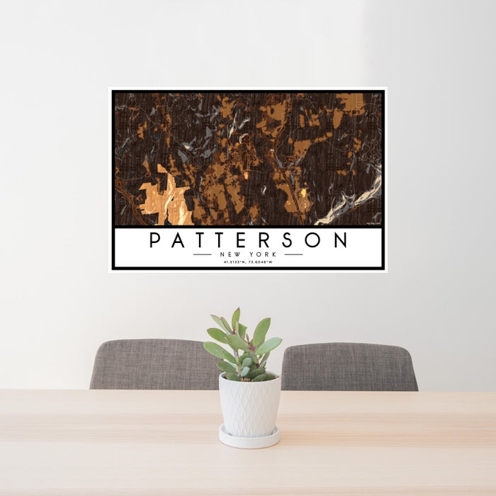 24x36 Patterson New York Map Print Landscape Orientation in Ember Style Behind 2 Chairs Table and Potted Plant