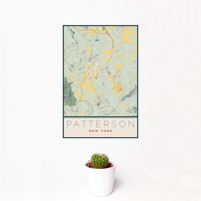 12x18 Patterson New York Map Print Portrait Orientation in Woodblock Style With Small Cactus Plant in White Planter