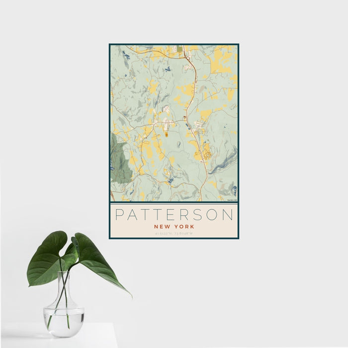 16x24 Patterson New York Map Print Portrait Orientation in Woodblock Style With Tropical Plant Leaves in Water