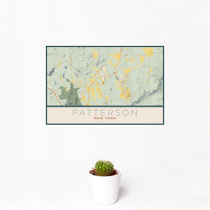 12x18 Patterson New York Map Print Landscape Orientation in Woodblock Style With Small Cactus Plant in White Planter