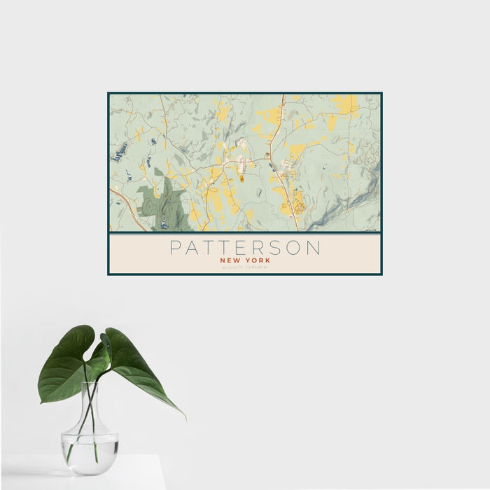 16x24 Patterson New York Map Print Landscape Orientation in Woodblock Style With Tropical Plant Leaves in Water