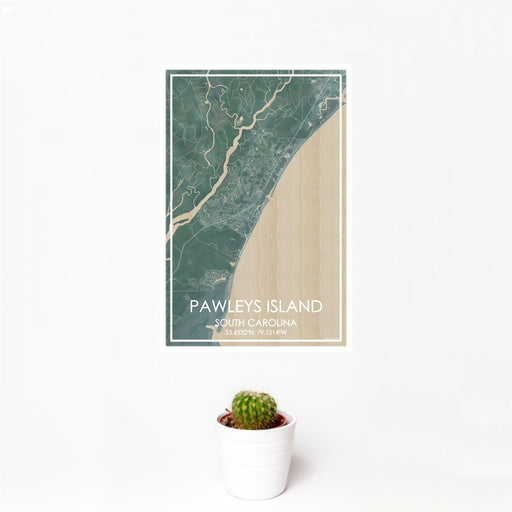 12x18 Pawleys Island South Carolina Map Print Portrait Orientation in Afternoon Style With Small Cactus Plant in White Planter