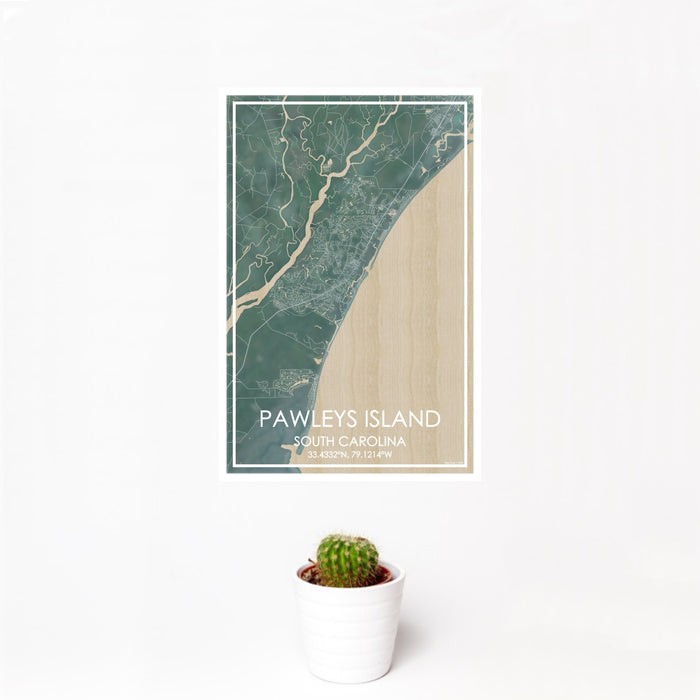 12x18 Pawleys Island South Carolina Map Print Portrait Orientation in Afternoon Style With Small Cactus Plant in White Planter