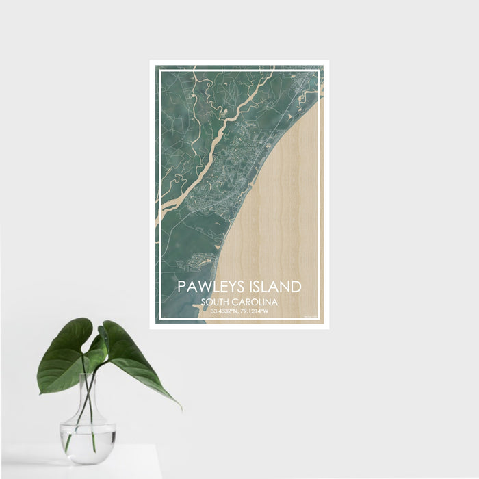 16x24 Pawleys Island South Carolina Map Print Portrait Orientation in Afternoon Style With Tropical Plant Leaves in Water