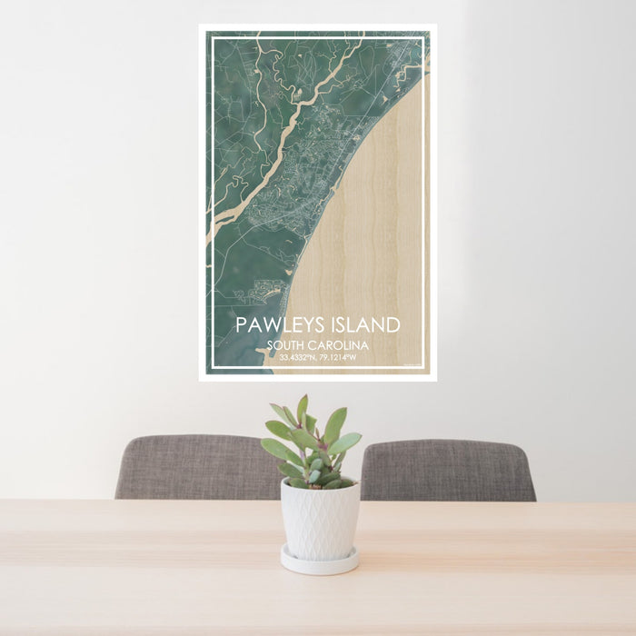 24x36 Pawleys Island South Carolina Map Print Portrait Orientation in Afternoon Style Behind 2 Chairs Table and Potted Plant