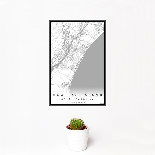 12x18 Pawleys Island South Carolina Map Print Portrait Orientation in Classic Style With Small Cactus Plant in White Planter