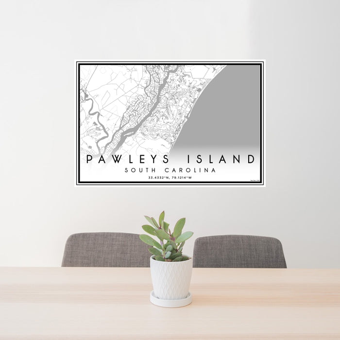 24x36 Pawleys Island South Carolina Map Print Landscape Orientation in Classic Style Behind 2 Chairs Table and Potted Plant