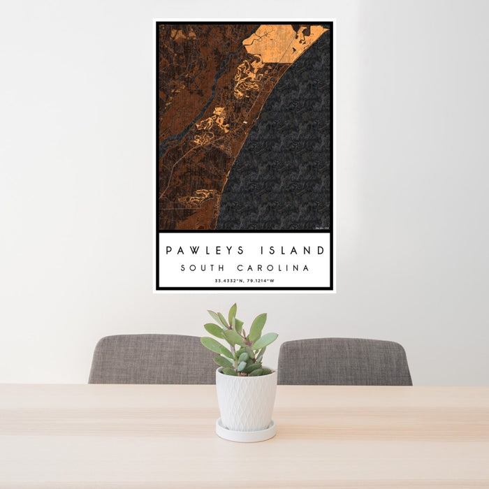 24x36 Pawleys Island South Carolina Map Print Portrait Orientation in Ember Style Behind 2 Chairs Table and Potted Plant