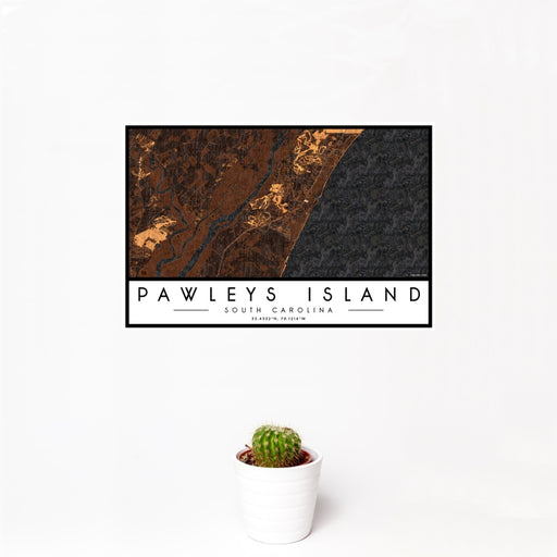 12x18 Pawleys Island South Carolina Map Print Landscape Orientation in Ember Style With Small Cactus Plant in White Planter