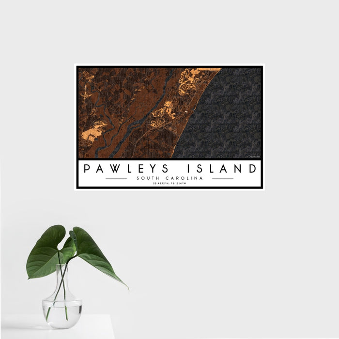 16x24 Pawleys Island South Carolina Map Print Landscape Orientation in Ember Style With Tropical Plant Leaves in Water