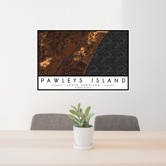 24x36 Pawleys Island South Carolina Map Print Landscape Orientation in Ember Style Behind 2 Chairs Table and Potted Plant