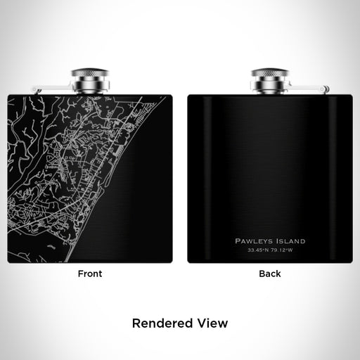 Rendered View of Pawleys Island South Carolina Map Engraving on 6oz Stainless Steel Flask in Black