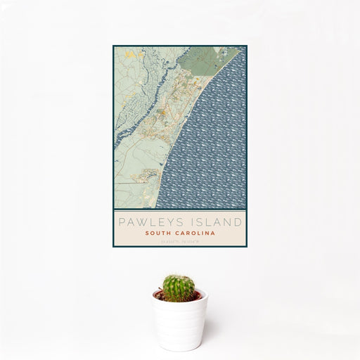 12x18 Pawleys Island South Carolina Map Print Portrait Orientation in Woodblock Style With Small Cactus Plant in White Planter
