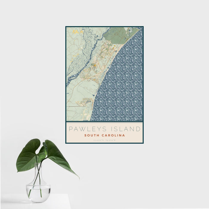 16x24 Pawleys Island South Carolina Map Print Portrait Orientation in Woodblock Style With Tropical Plant Leaves in Water