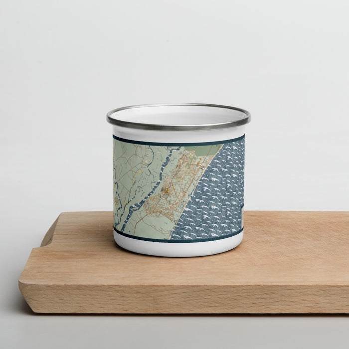 Front View Custom Pawleys Island South Carolina Map Enamel Mug in Woodblock on Cutting Board