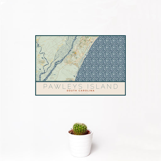 12x18 Pawleys Island South Carolina Map Print Landscape Orientation in Woodblock Style With Small Cactus Plant in White Planter
