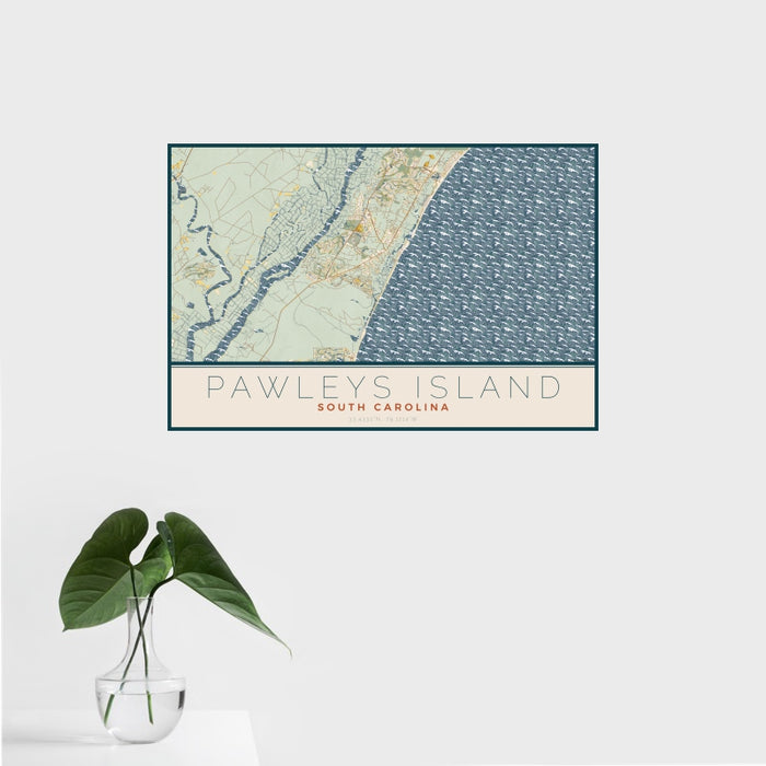 16x24 Pawleys Island South Carolina Map Print Landscape Orientation in Woodblock Style With Tropical Plant Leaves in Water