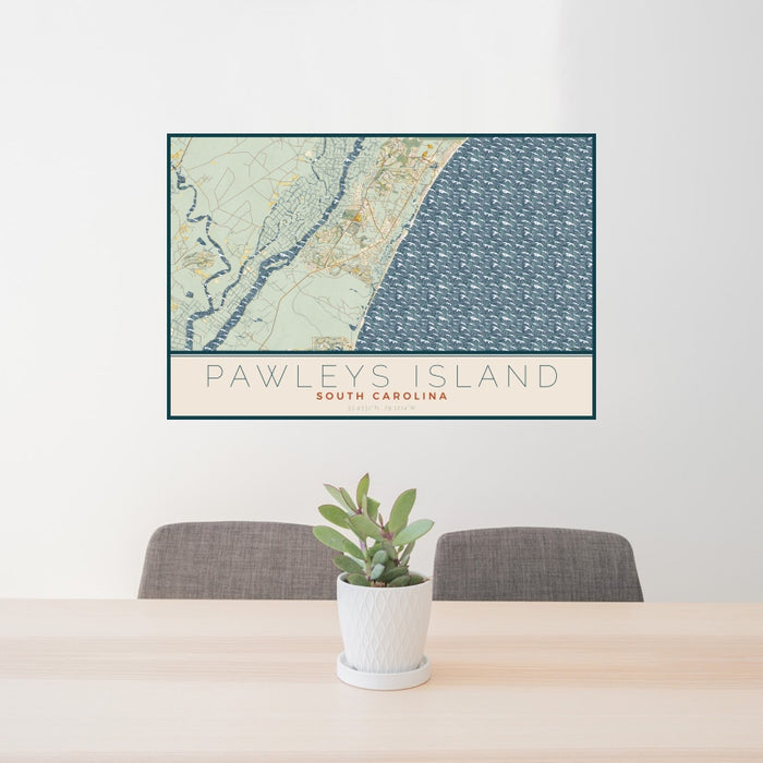 24x36 Pawleys Island South Carolina Map Print Landscape Orientation in Woodblock Style Behind 2 Chairs Table and Potted Plant