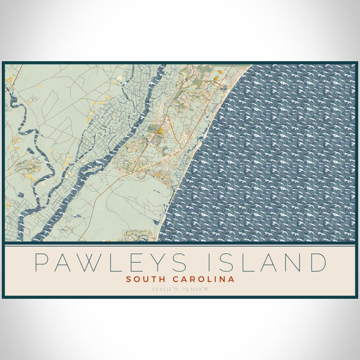 Pawleys Island South Carolina Map Print Landscape Orientation in Woodblock Style With Shaded Background