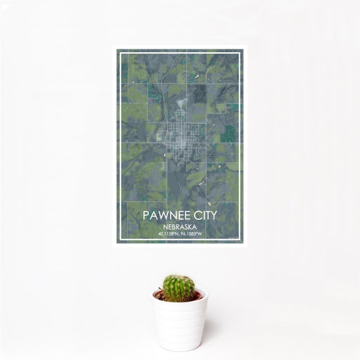 12x18 Pawnee City Nebraska Map Print Portrait Orientation in Afternoon Style With Small Cactus Plant in White Planter