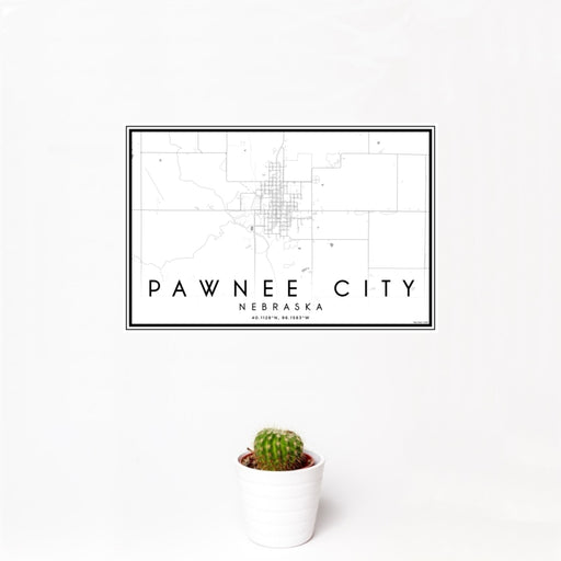 12x18 Pawnee City Nebraska Map Print Landscape Orientation in Classic Style With Small Cactus Plant in White Planter