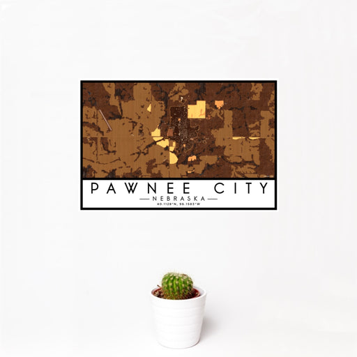 12x18 Pawnee City Nebraska Map Print Landscape Orientation in Ember Style With Small Cactus Plant in White Planter