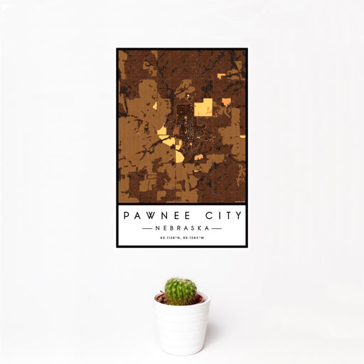 12x18 Pawnee City Nebraska Map Print Portrait Orientation in Ember Style With Small Cactus Plant in White Planter