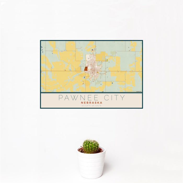12x18 Pawnee City Nebraska Map Print Landscape Orientation in Woodblock Style With Small Cactus Plant in White Planter