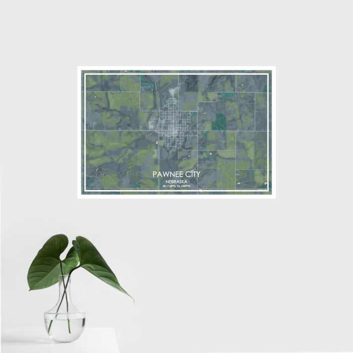 16x24 Pawnee City Nebraska Map Print Landscape Orientation in Afternoon Style With Tropical Plant Leaves in Water