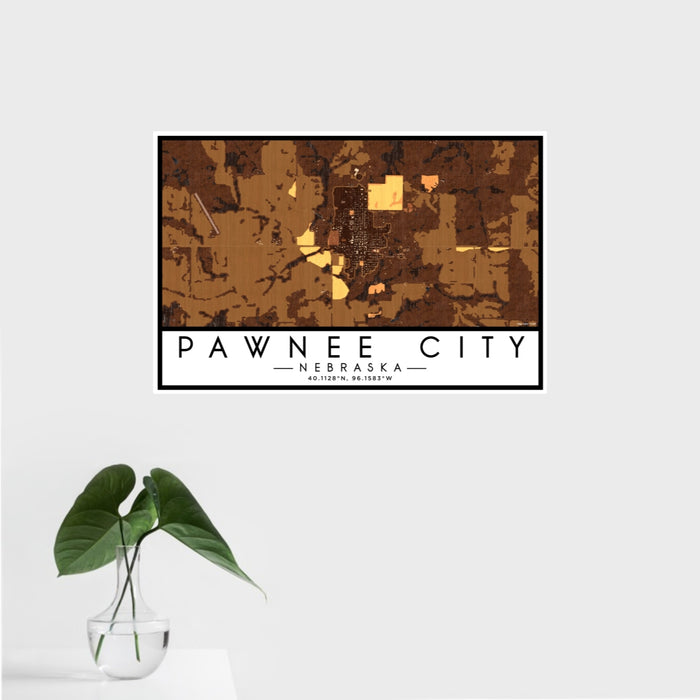 16x24 Pawnee City Nebraska Map Print Landscape Orientation in Ember Style With Tropical Plant Leaves in Water