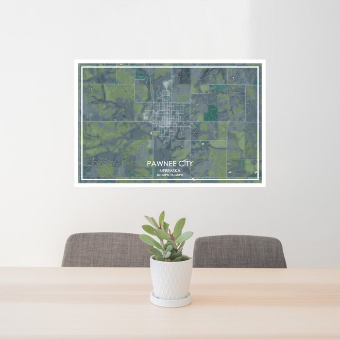 24x36 Pawnee City Nebraska Map Print Lanscape Orientation in Afternoon Style Behind 2 Chairs Table and Potted Plant