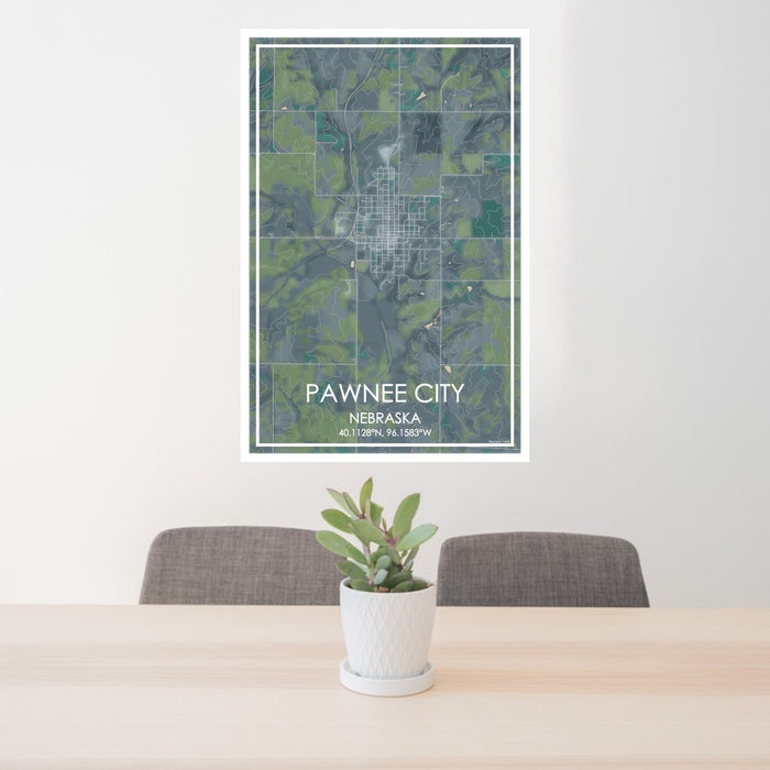 24x36 Pawnee City Nebraska Map Print Portrait Orientation in Afternoon Style Behind 2 Chairs Table and Potted Plant