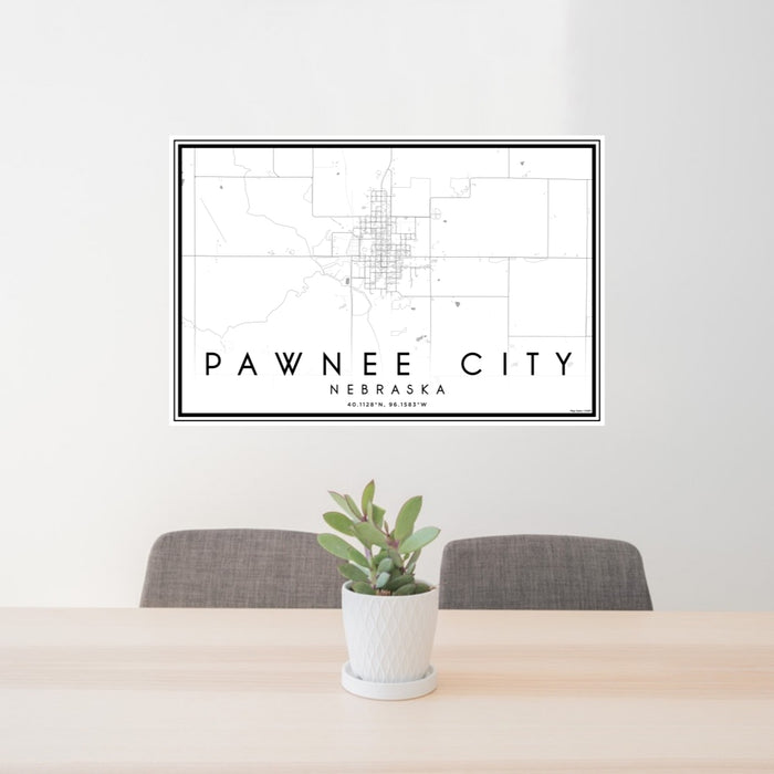 24x36 Pawnee City Nebraska Map Print Lanscape Orientation in Classic Style Behind 2 Chairs Table and Potted Plant