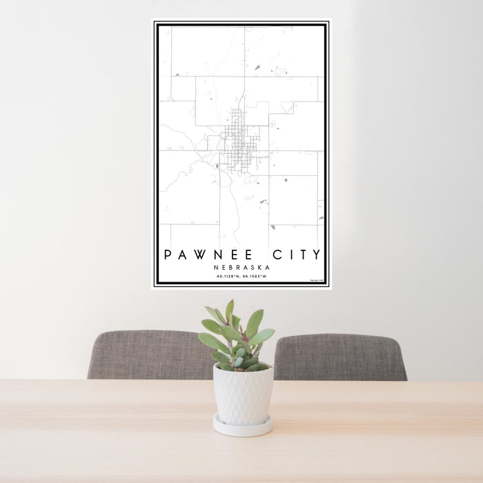 24x36 Pawnee City Nebraska Map Print Portrait Orientation in Classic Style Behind 2 Chairs Table and Potted Plant