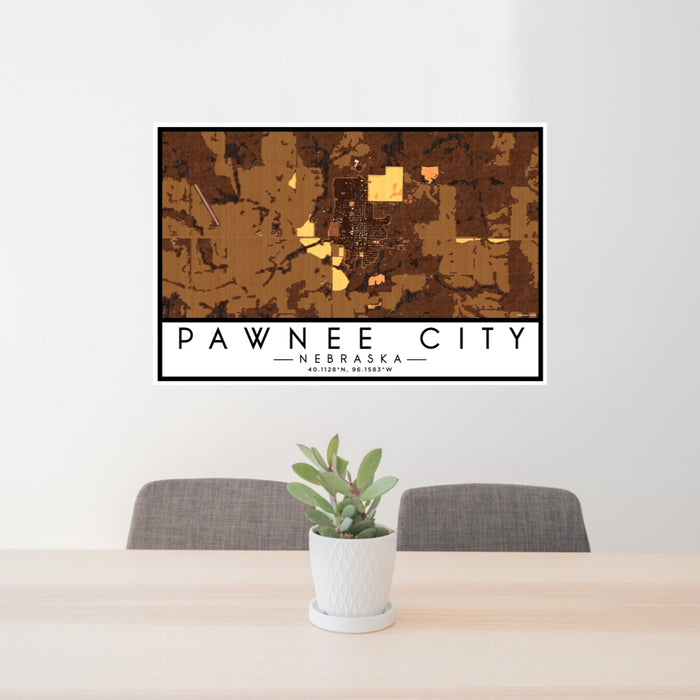 24x36 Pawnee City Nebraska Map Print Lanscape Orientation in Ember Style Behind 2 Chairs Table and Potted Plant