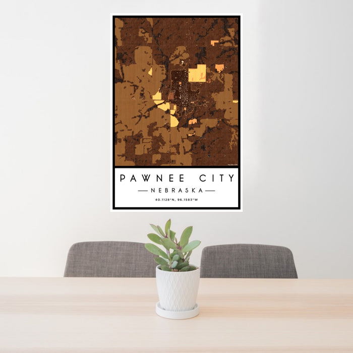 24x36 Pawnee City Nebraska Map Print Portrait Orientation in Ember Style Behind 2 Chairs Table and Potted Plant